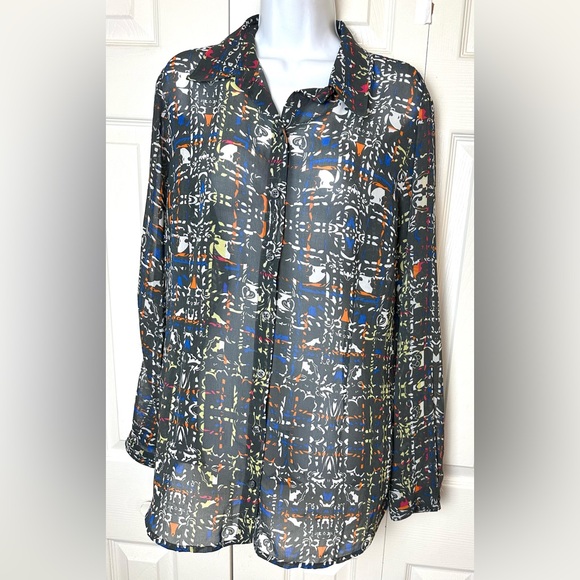 CAbi #129 Festival Blouse Shirt Top Semi Sheer Button Down Gray Geo Geometric - Picture 2 of 9